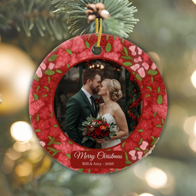Foto på Red Blommigt Helgdag Personlig Photo Julgransprydnad Keramik (Red Floral Ceramic Christmas Ornament)