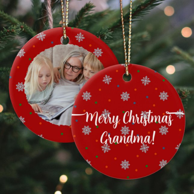 Foto på Red elegant snöflingor och punkter anpassn Julgransprydnad Keramik (Custom photo Christmas ornament in red with snowflakes and dots.)