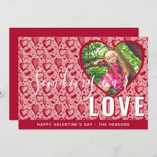 Foto på Red Heart Valentine's Day-skript-familjen Julkort (Fram/baksida)