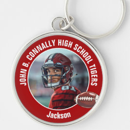 Foto på Red High School Football Player Rund Silverfärgad Nyckelring