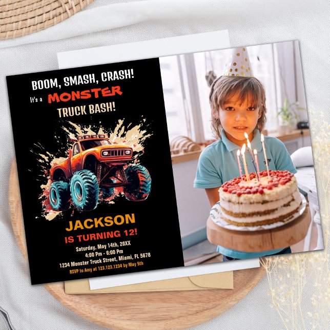 Foto på Red Monster Lastbil födelsedag Inbjudningar (Red Monster Truck Birthday Invitations Photo)