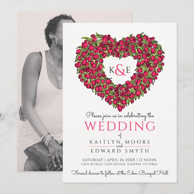 Foto på Red vår-tulpaner från teckning hjärta bröl Inbjudningar (Fram/baksida)