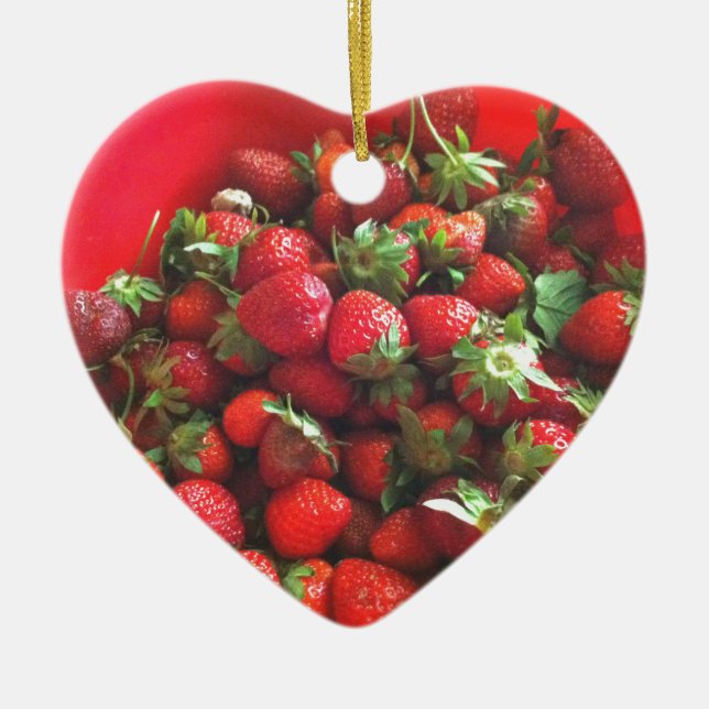 Foto på röd frukt från jordgubbar julgransprydnad keramik (Framsidan)