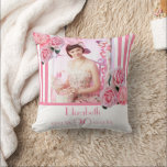 Foto på rosa av 90:e födelsedagspressning, vit ran kudde<br><div class="desc">En gåva till en 90:e födelsedag för kvinnor. Klassisk smal rosa och vitt lodrät rand på vit bakgrund. Med giftiga och feminina blommor,  rosa ros och peonier som dekoration. En ram på framsidan med mallar för 90-årsåldern,  namn och data. Rosa brev. Mall för ditt eget lodrät-foto.</div>