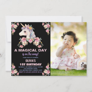 Foto på rosa Blommigt Unicorn Birthday-inbjudninga Inbjudningar