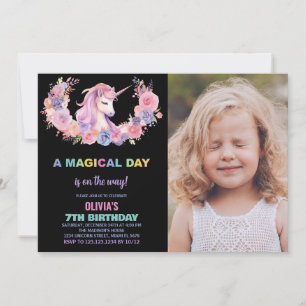 Foto på rosa Blommigt Unicorn Birthday-inbjudninga Inbjudningar