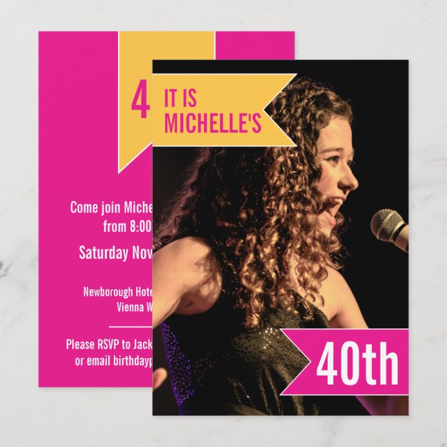 Foto på rosa flaggor gult med 40 års födelsedag i  inbjudningar (Fram/baksida)