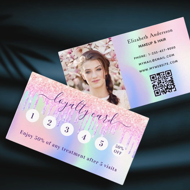 Foto på  rosa holograf glitter qr-kod lojalitetskort (Skapare uppladdad)