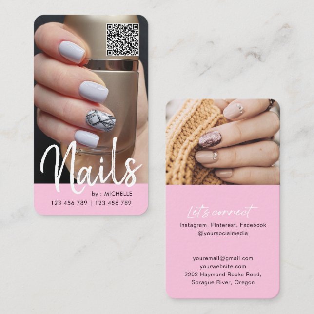Foto på rosa Modern chic QR nagel Visitkort (Fram/baksida)