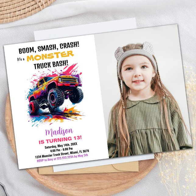 Foto på rosa Monster Lastbil Birthday-inbjudan Inbjudningar (Pink Monster Truck Birthday Invitations Photo)