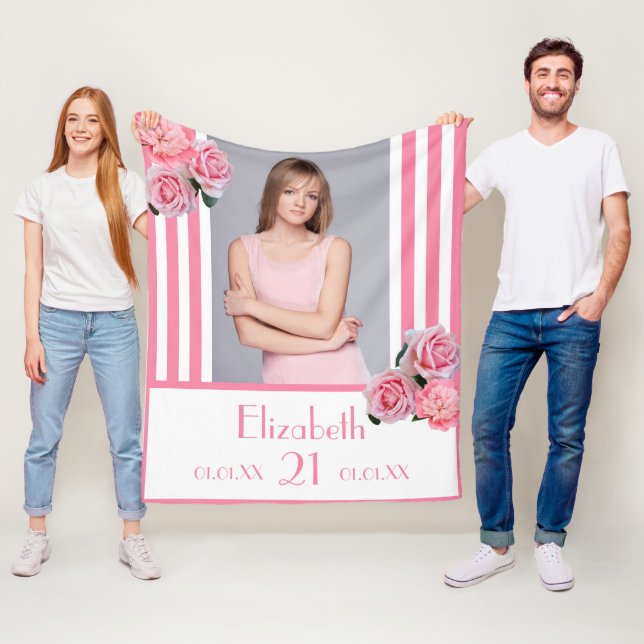 Foto på rosa rand blommigt namn 21-årsdagen fleecefilt (På plats)