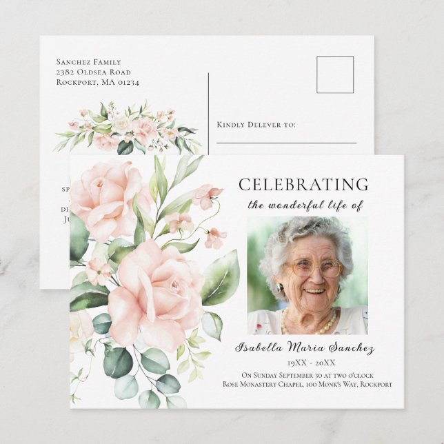 Foto på rosa rosblommig livets firande vykort (Fram/baksida)