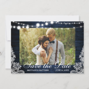 Foto på Rustic Blue Wood String Ljus Snöre Spara Datumet