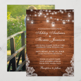 Foto på Rustic Bröllop Wood Burk String Ljus Snöre Inbjudningar