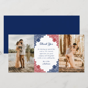 Foto på Rustic Navy Blue and Red Blommigt Bröllop Tack Kort