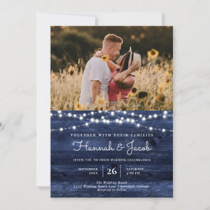 Foto på Rustic Navy Blue Barn Wood String Ljus Inbjudningar
