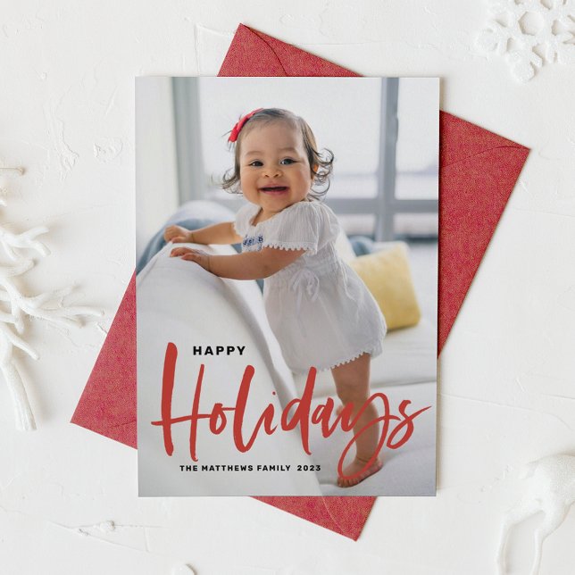 Foto på Rustic Red Modern Calligraphy Glad helg Julkort (Skapare uppladdad)