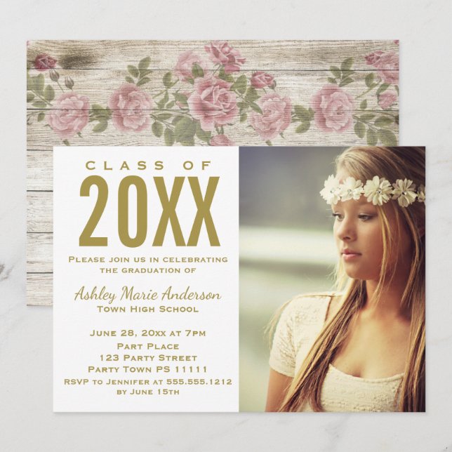 Foto på Rustic Wood Blommigt Guld Studentfest Inbjudningar (Fram/baksida)