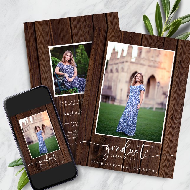 Foto på Rustic Wood Script Studenten Meddelande (Rustic Wood Script Graduation Photo Announcement with Instant Download)