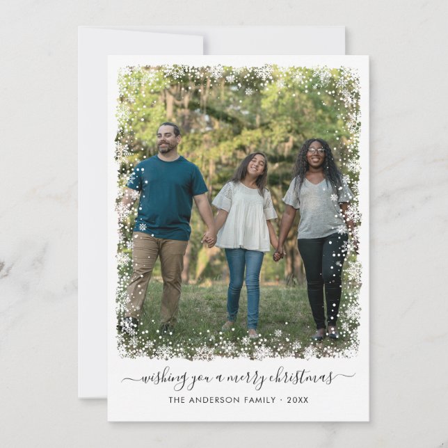 Foto på Simple God jul Snö Snowflake-skript Julkort (Framsida)