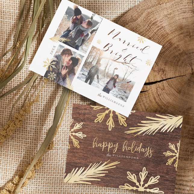 Foto på småskalig skog i Guld Julkort (Married & Bright Rustic Wood Gold Snowflake Photo Holiday Card)