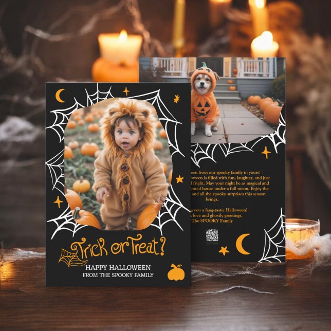 Foto på Spooky Halloween Spindelnät Bus eller godi Julkort (Spooky Halloween Spider web Trick or treat 2 photo Holiday Card)