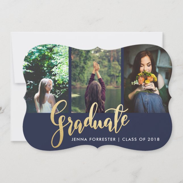 Foto på Student Faux Gold Foil-skript | Blåblå mar Inbjudningar (Framsida)