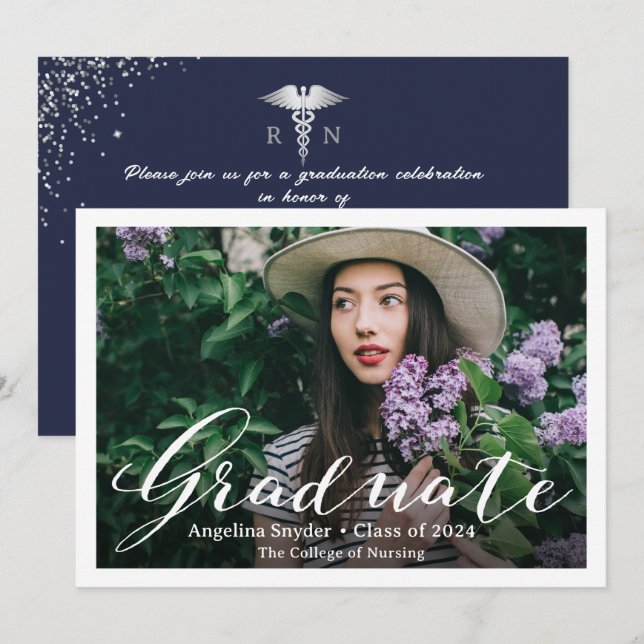 Foto på Studenten i Silver marinblå sjuksköterskes Inbjudningar (Fram/baksida)
