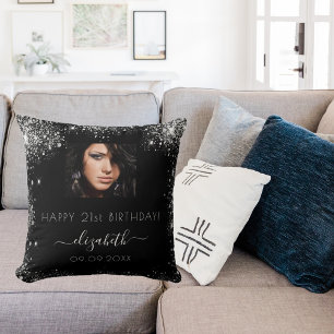 Foto på svart anpassningsbar silver glitter namn kudde