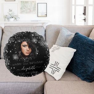 Foto på svart anpassningsbar silver glitter namn rund kudde