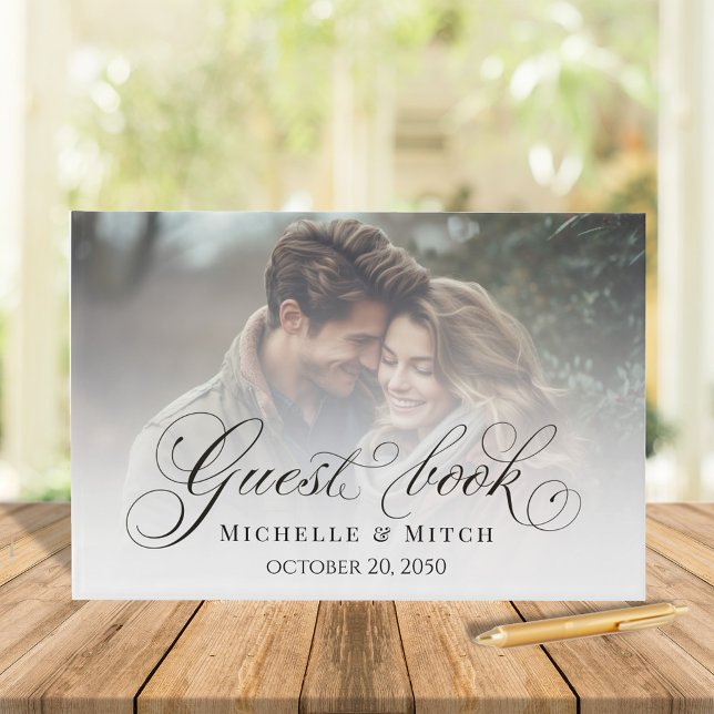 Foto på svart och vit kalligrafi i bröllop gästböcker (Wedding Guest book with photo template on the front and back)