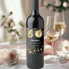 Foto på svarta guld-stjärnor, 60-årsdag vinflaska etikett