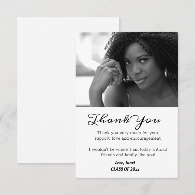 Foto på Svarta och vita Tack-Studenten Tack Kort (Fram/baksida)