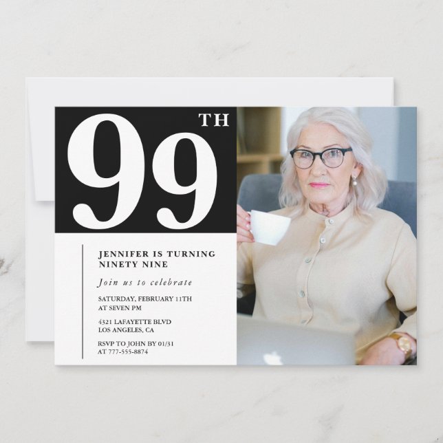 Foto på svartvitt 99-årsdagen inbjudningar (Framsida)