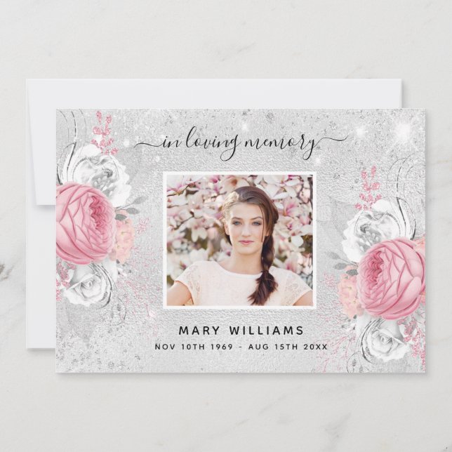 Foto på Sympathy silver glitter rosa blommigt  Tack Kort (Baksida)