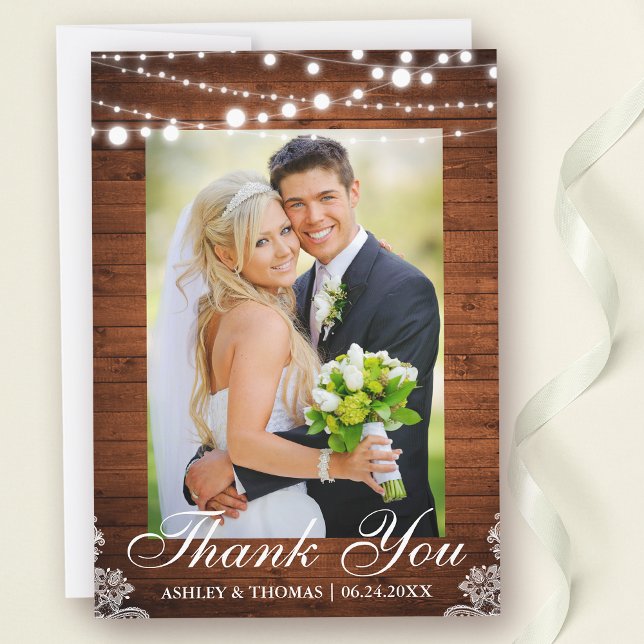 Foto på Tack för Rustic Wood Ljus Snöre Bröllop (Customize to change text size, text style or to add text to back of card.)