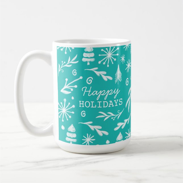 Foto på Teal & Red Festive Gräs Träd & Snöflingor Kaffemugg (Vänster)