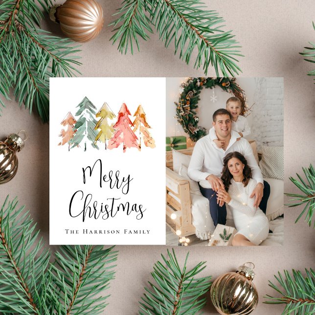 Foto på Träd Gräs i jul - vattenfärg Julkort (Share the love and warmth of the holiday season with this personalized photo Christmas card)