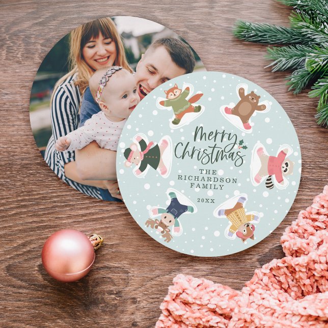 Foto på trädjur från god jul Snö Angel Woodland An Julkort (Merry Christmas Snow Angel Woodland Animals Photo Holiday Card)