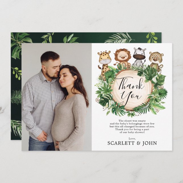 Foto på Tropical Jungle Vilda djur Baby Shower Pho Tack Kort (Fram/baksida)