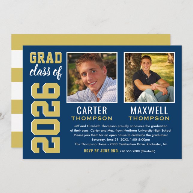 Foto på två Studenter-Studentfesten Guld Inbjudningar (Fram/baksida)