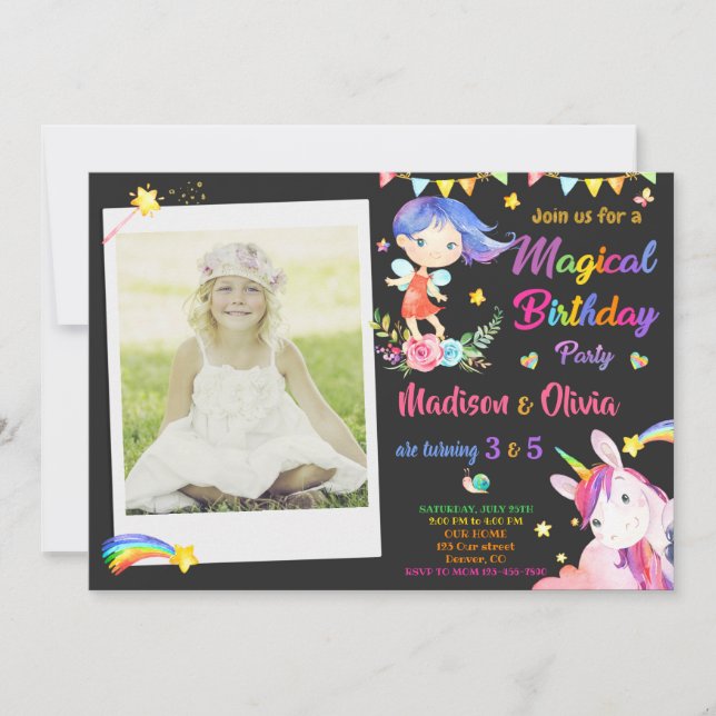 Foto på twillingar för mjölkfödelsedag och Unicorn Inbjudningar (Framsida)