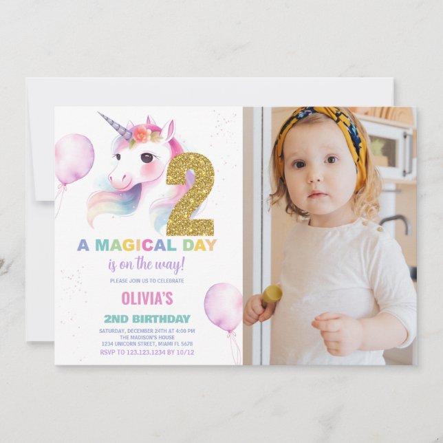Foto på Unicorn Birthday Inbjudan 2:a födelsedagen (Framsida)