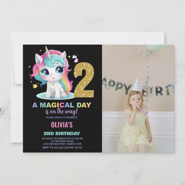 Foto på Unicorn Birthday Inbjudan 2:a födelsedagen (Framsida)