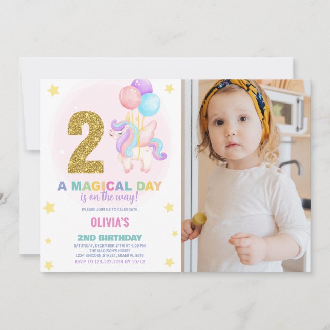 Foto på Unicorn Birthday Inbjudan 2:a födelsedagen (Framsida)