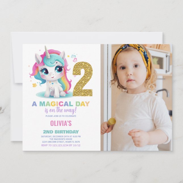 Foto på Unicorn Birthday Inbjudan 2:a födelsedagen (Framsida)
