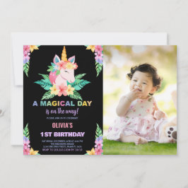 Foto på Unicorn Birthday-inbjudan för färg Blommig Inbjudningar