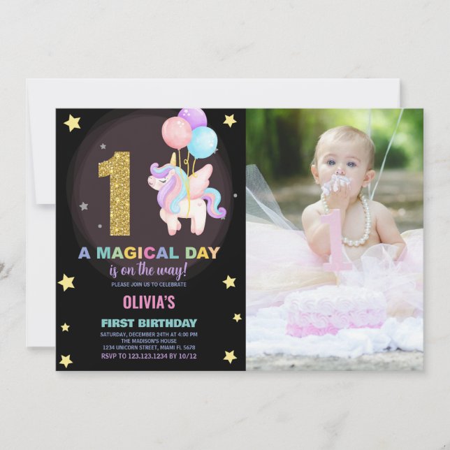 Foto på Unicorn Birthday Inbjudan första födelseda (Framsida)