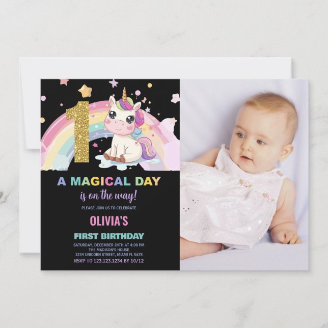 Foto på Unicorn Birthday Inbjudan första födelseda (Framsida)