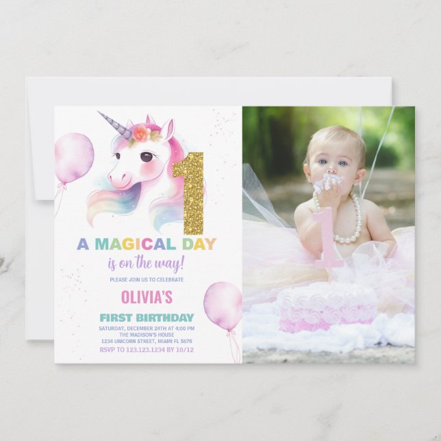 Foto på Unicorn Birthday Inbjudan första födelseda (Framsida)